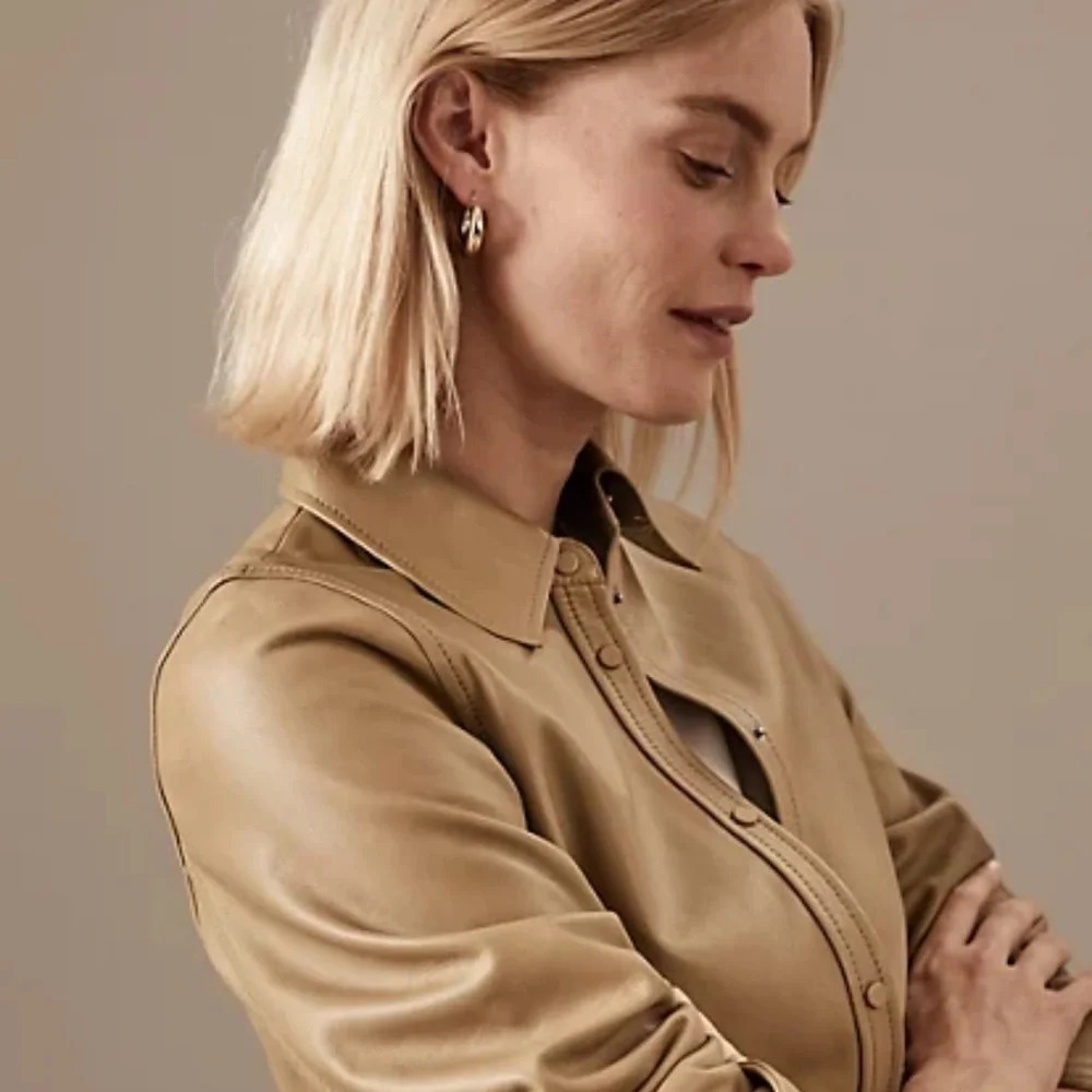 Autograph by Marks & Spencer 100% Leather Snap-front Shirt Jacket - US Size 16 - Picture 5 of 17
